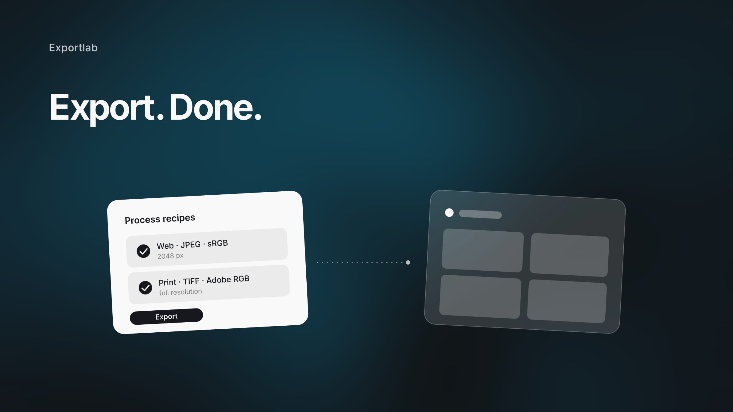 From process recipe to gallery – a Capture One export dialog flows into a client gallery