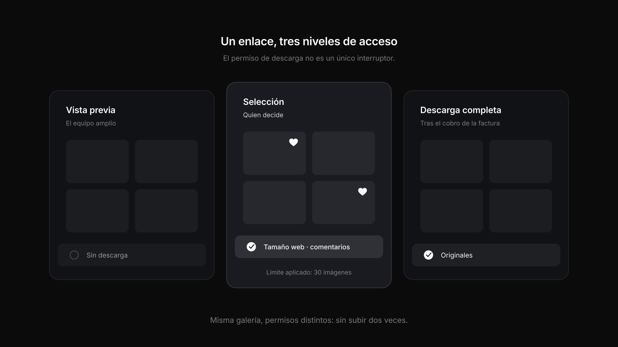 Un enlace de galería, tres niveles de acceso: vista previa, selección y descarga completa