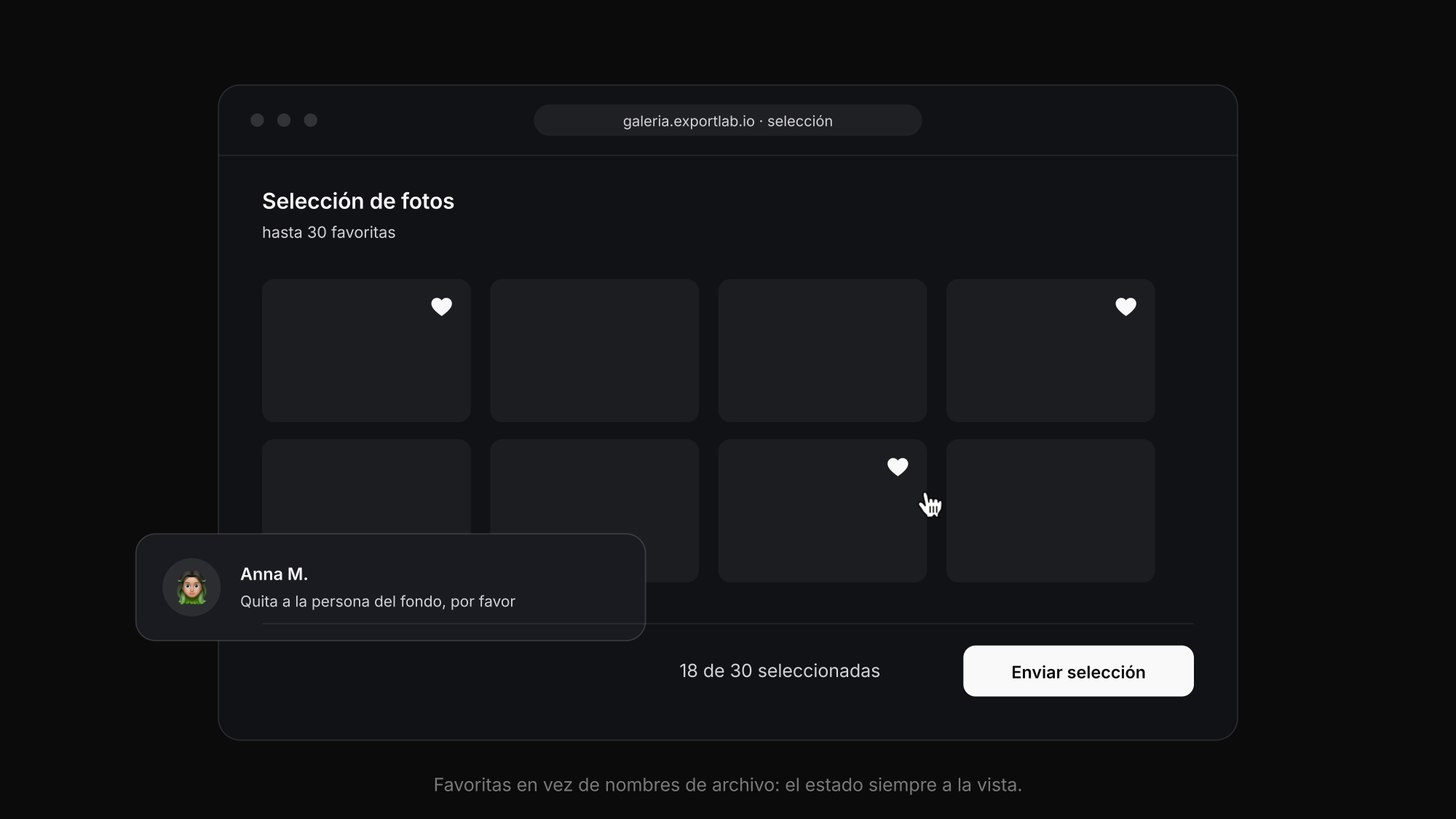 Selección de fotos por el cliente: corazones de favoritas, contador de selección y comentario sobre la imagen