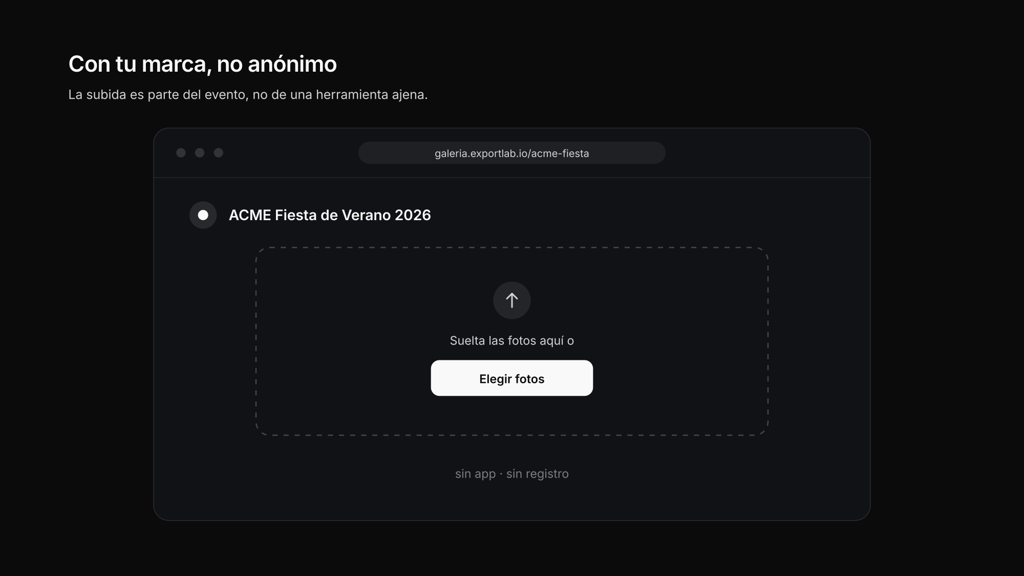 Página de subida con marca para el evento corporativo: los invitados suben fotos por código QR, sin app