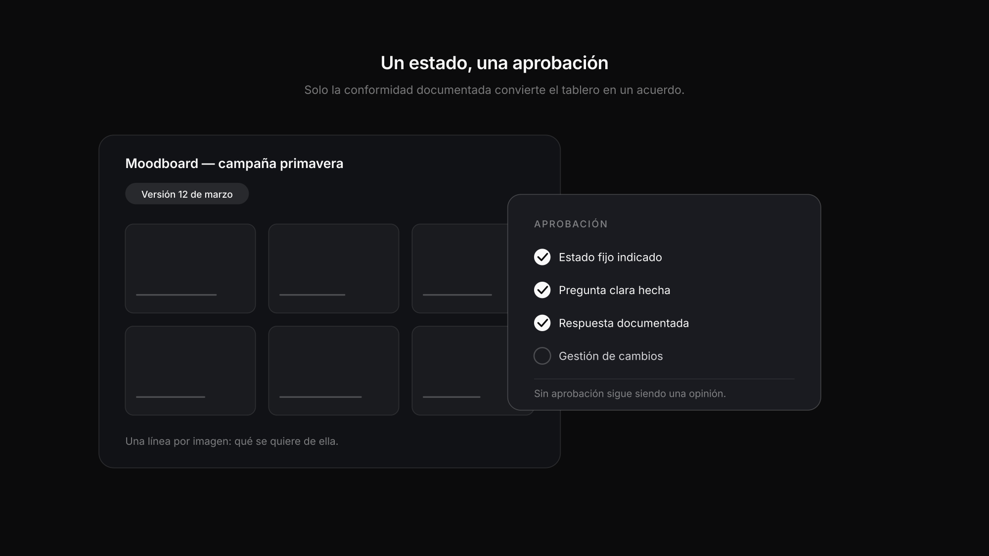Versión fechada de un moodboard con nota de aprobación y comentarios del cliente