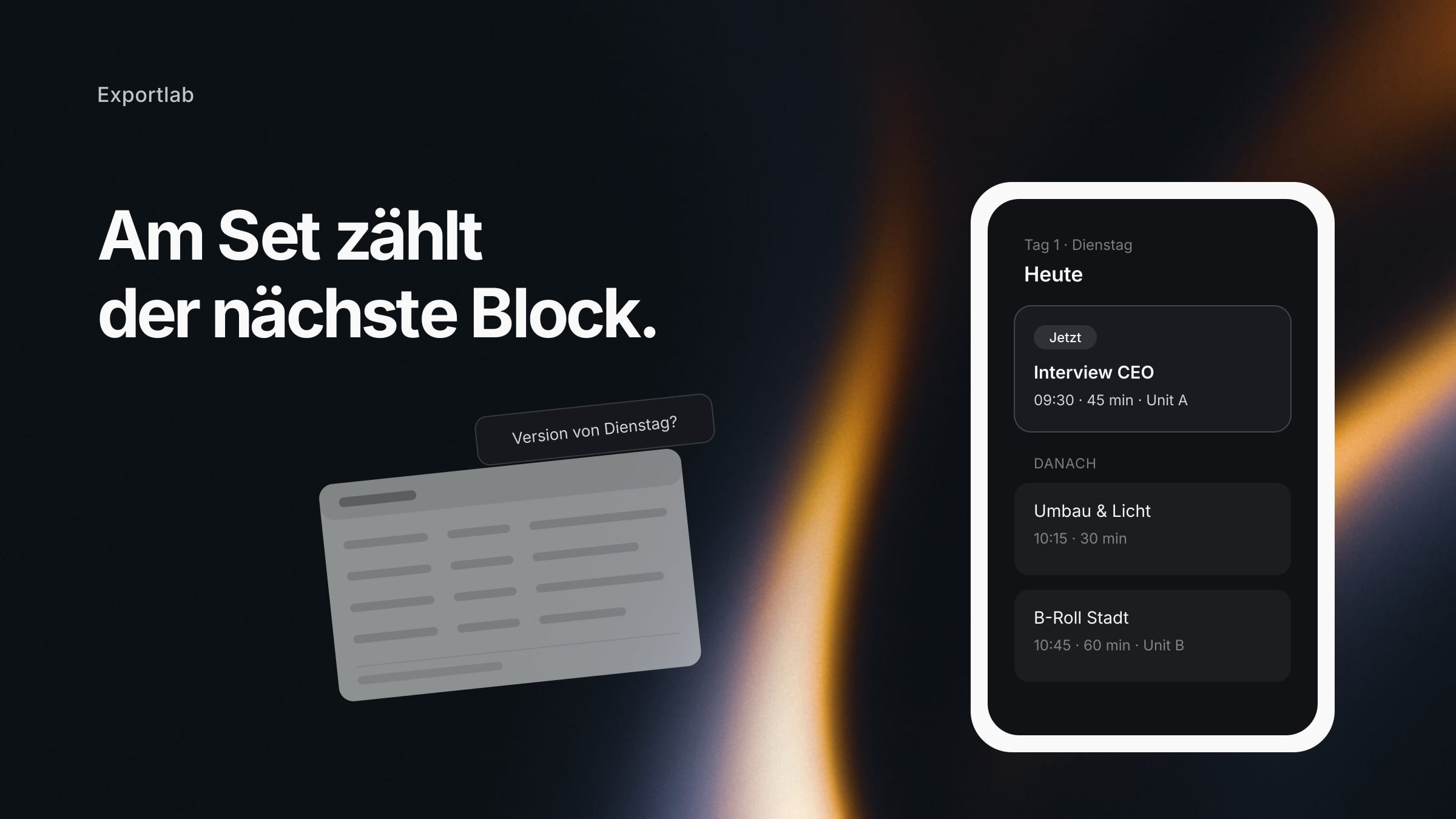 Drehplan mit Drehblöcken, Zeiten, Teams und Locations für einen Drehtag
