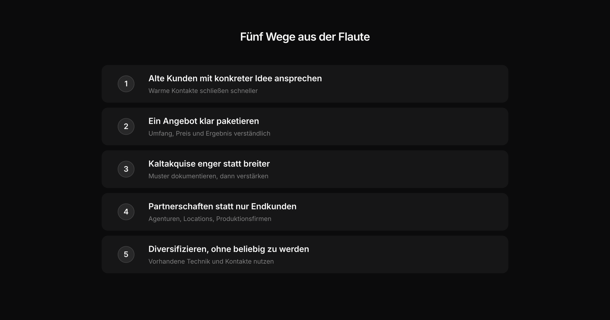 Fünf Wege aus der Auftragsflaute: Bestandskunden, Pakete, fokussierte Akquise, Partnerschaften und passende Diversifizierung