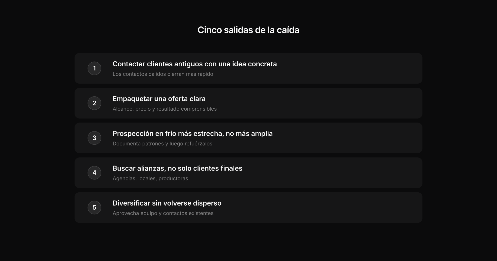 Cinco vías para superar una caída de encargos: clientes anteriores, paquetes, prospección enfocada, alianzas y diversificación relacionada