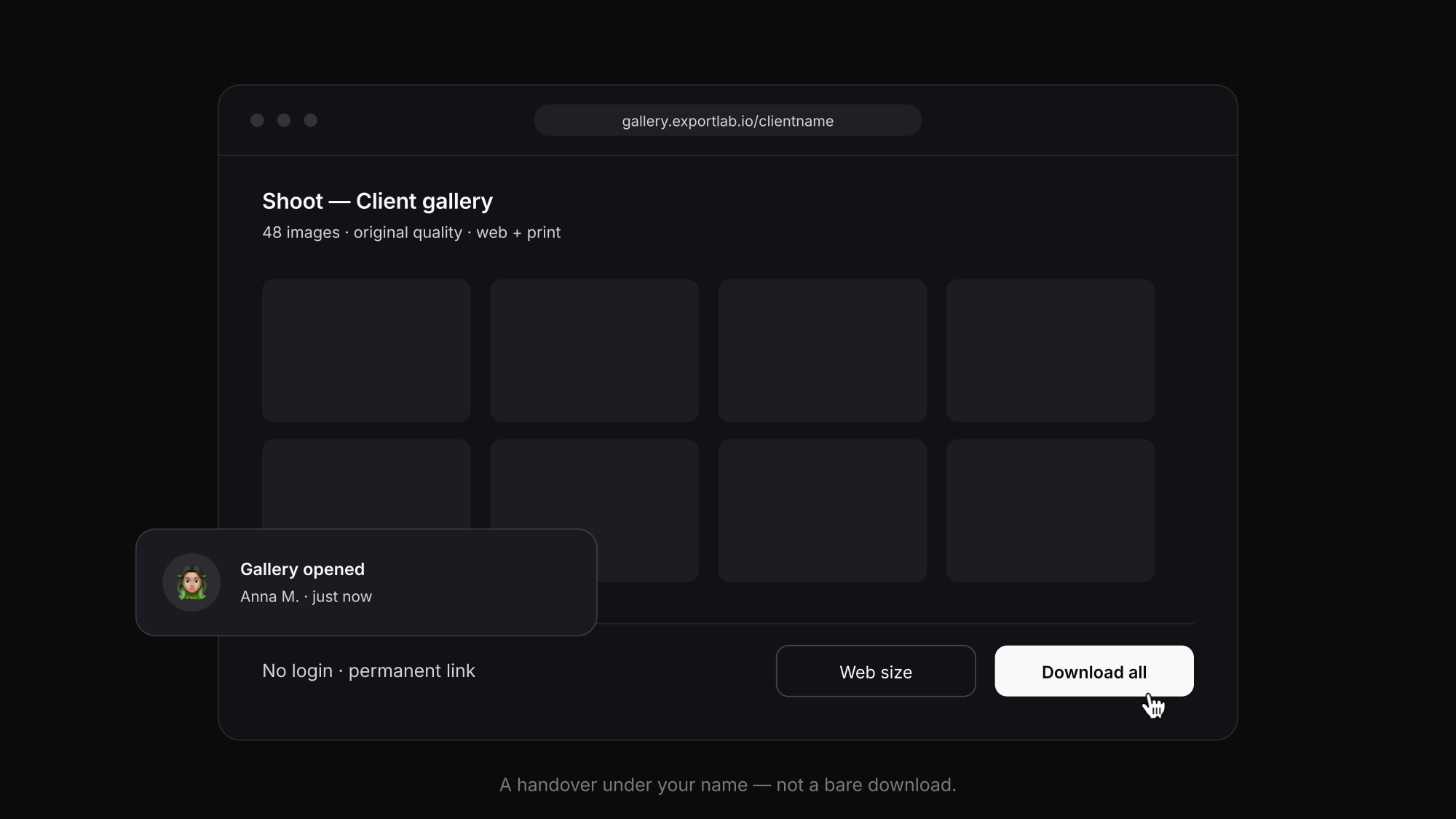 Branded client gallery with a notification that the client just opened it