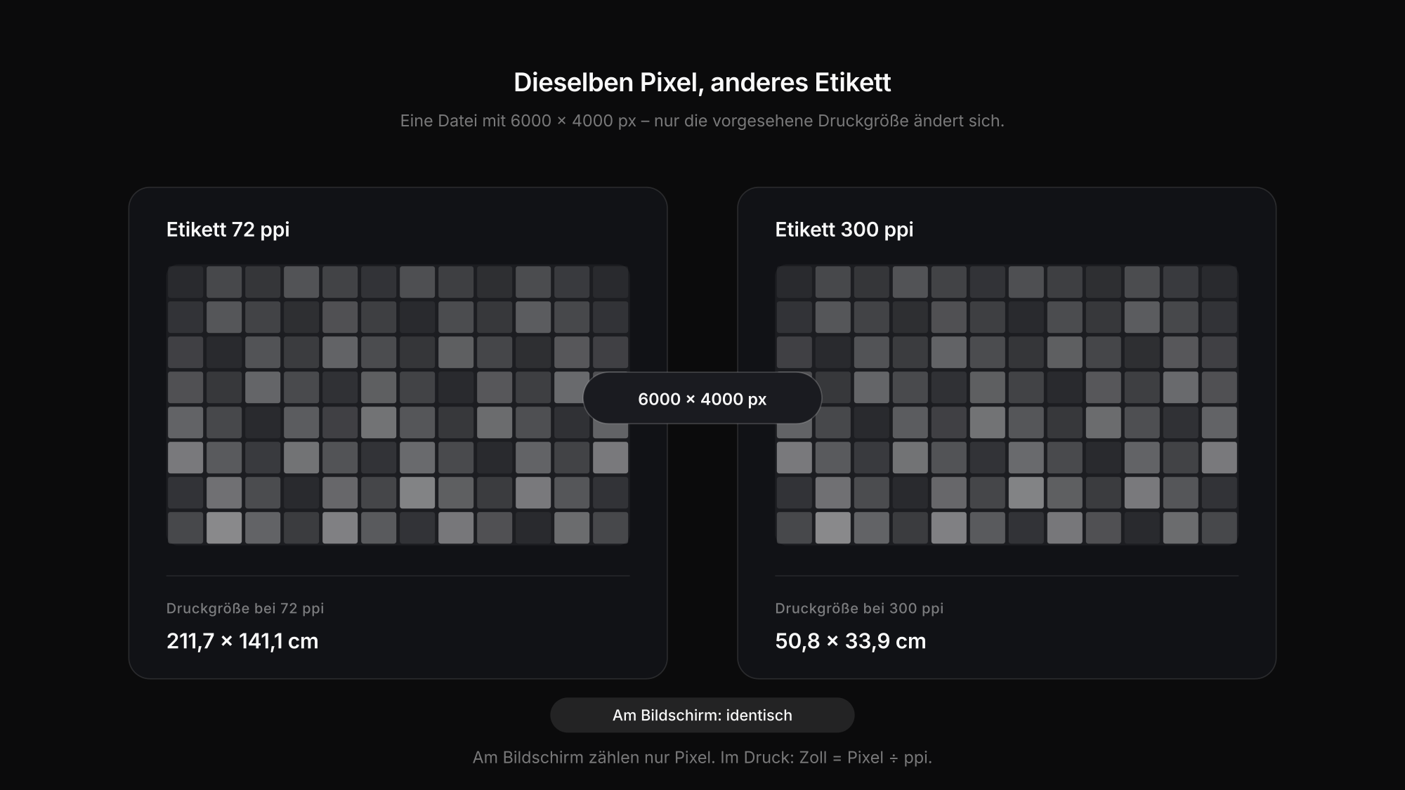 DPI und PPI: dasselbe Bild mit 6000 × 4000 Pixeln, einmal mit 72 ppi und einmal mit 300 ppi beschriftet, enthält identische Pixel