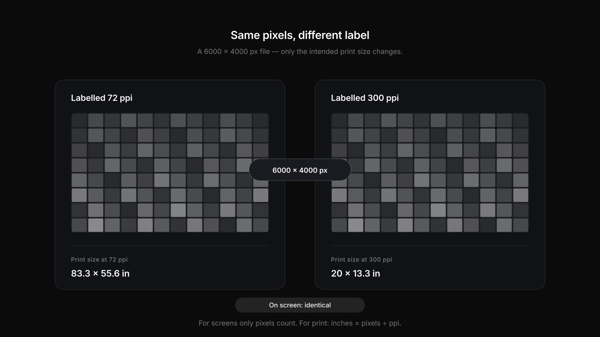DPI vs PPI: the same 6000 by 4000 pixel image labelled 72 ppi and 300 ppi contains identical pixels