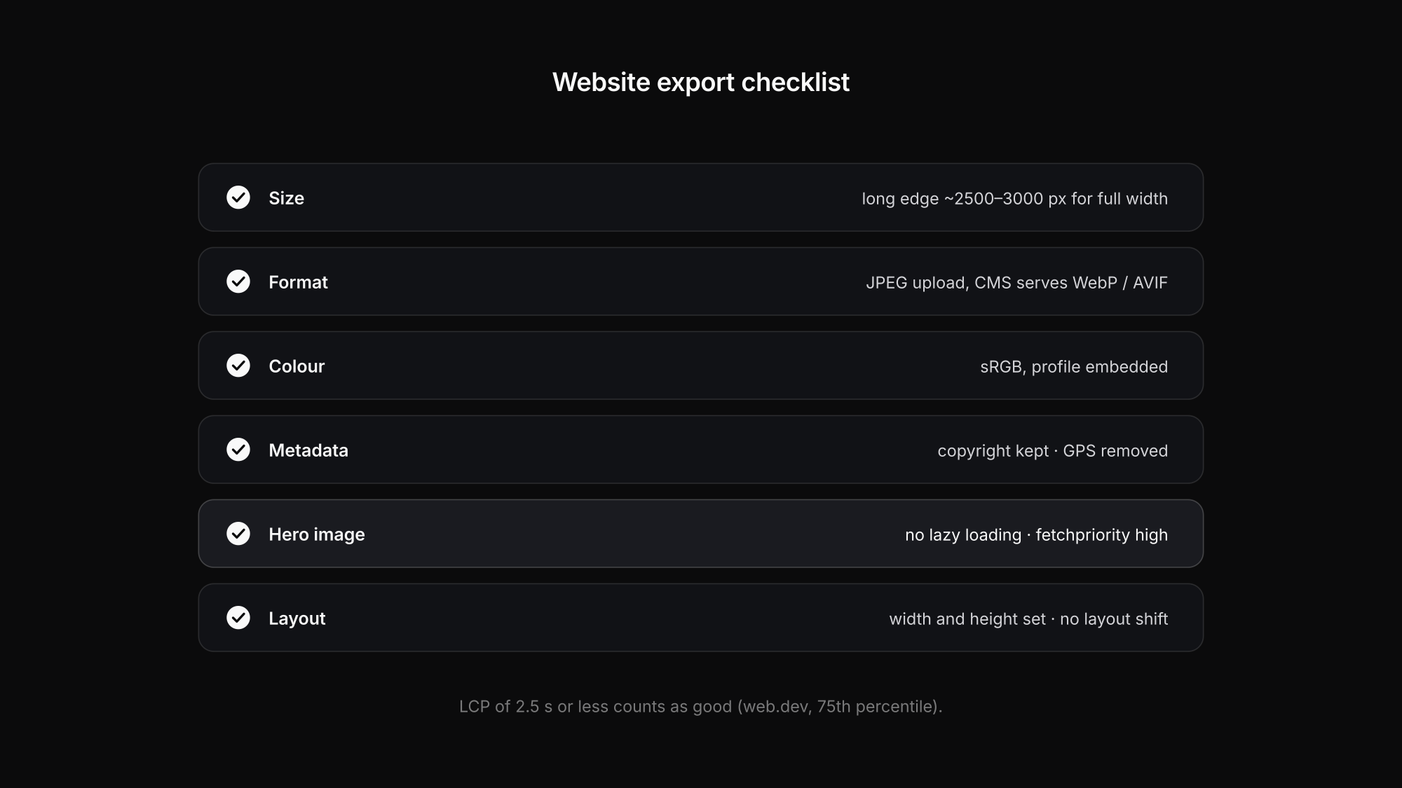 Website export checklist for photographers: size, format, colour profile, metadata and loading priority