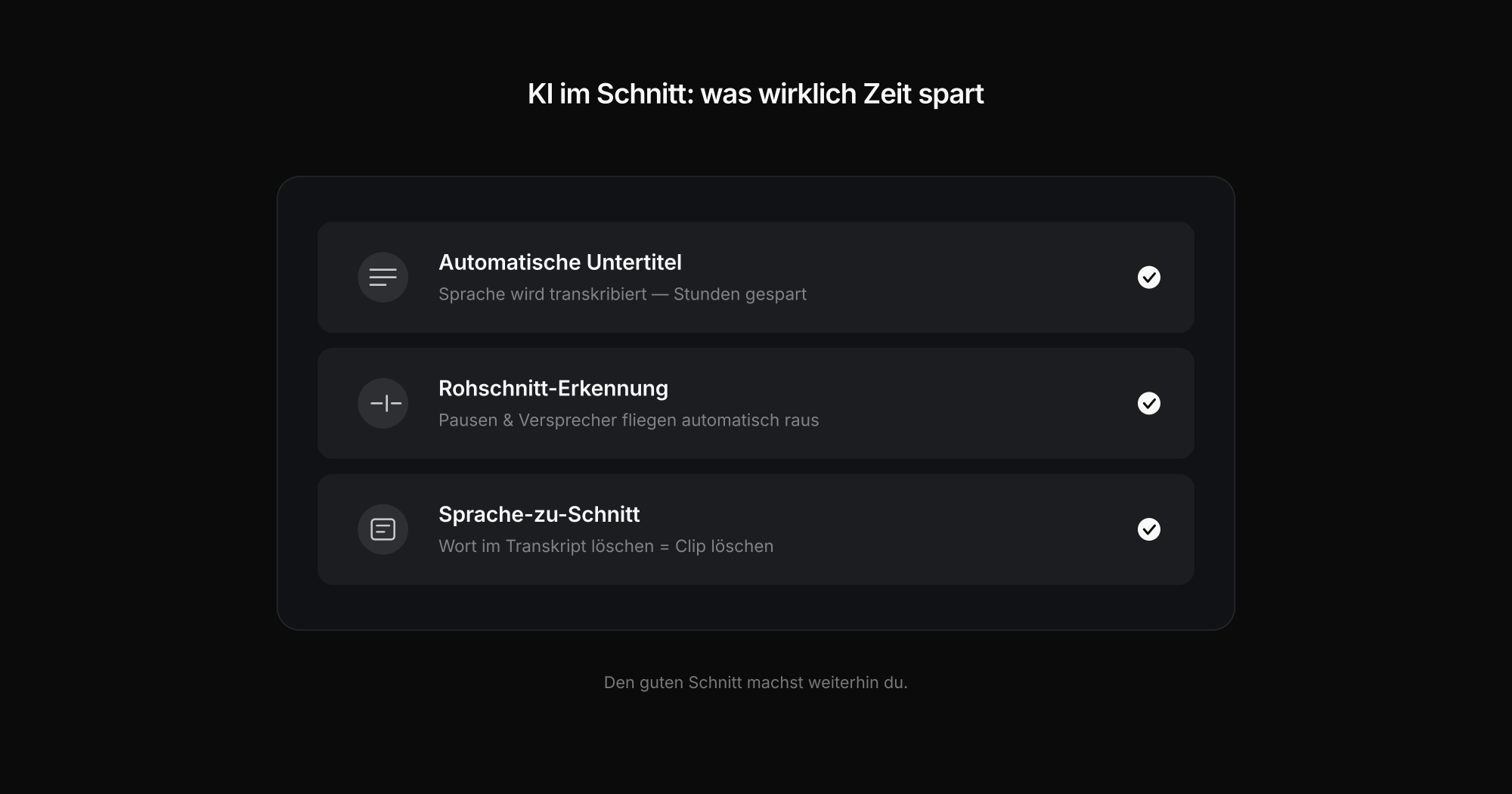 Drei KI-Funktionen im Schnitt: Untertitel, Rohschnitt, Sprache-zu-Schnitt