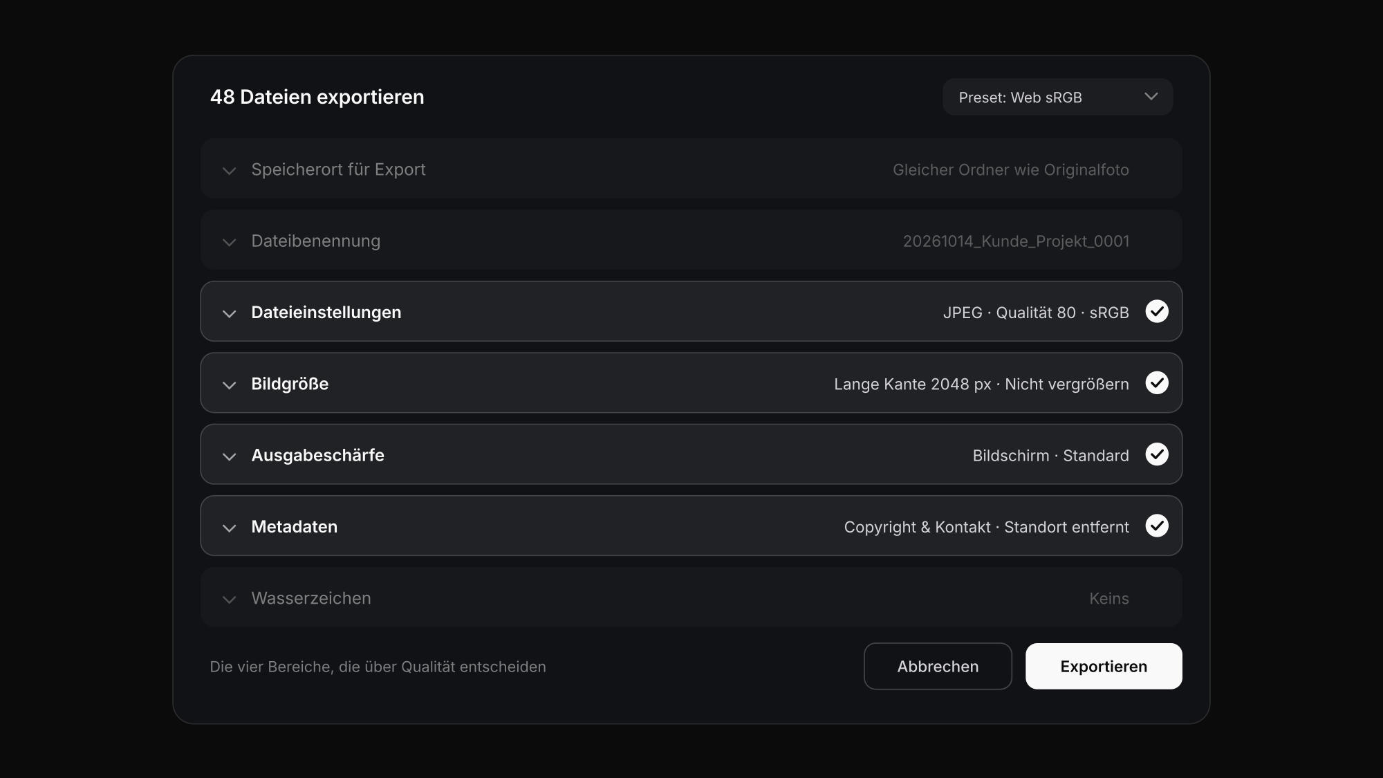 Lightroom Export-Einstellungen: die Bereiche, die über die Qualität entscheiden – Dateieinstellungen, Bildgröße, Ausgabeschärfe und Metadaten