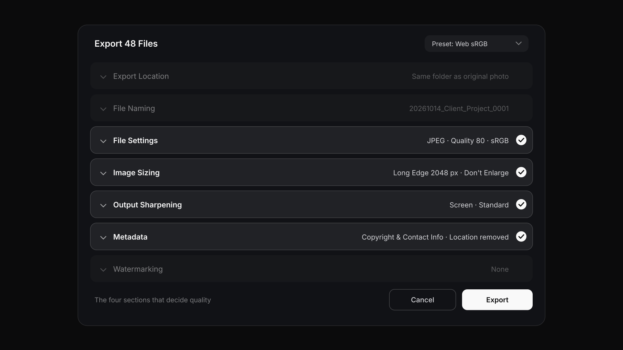 Lightroom export settings dialog: the sections that decide quality — file settings, image sizing, output sharpening and metadata