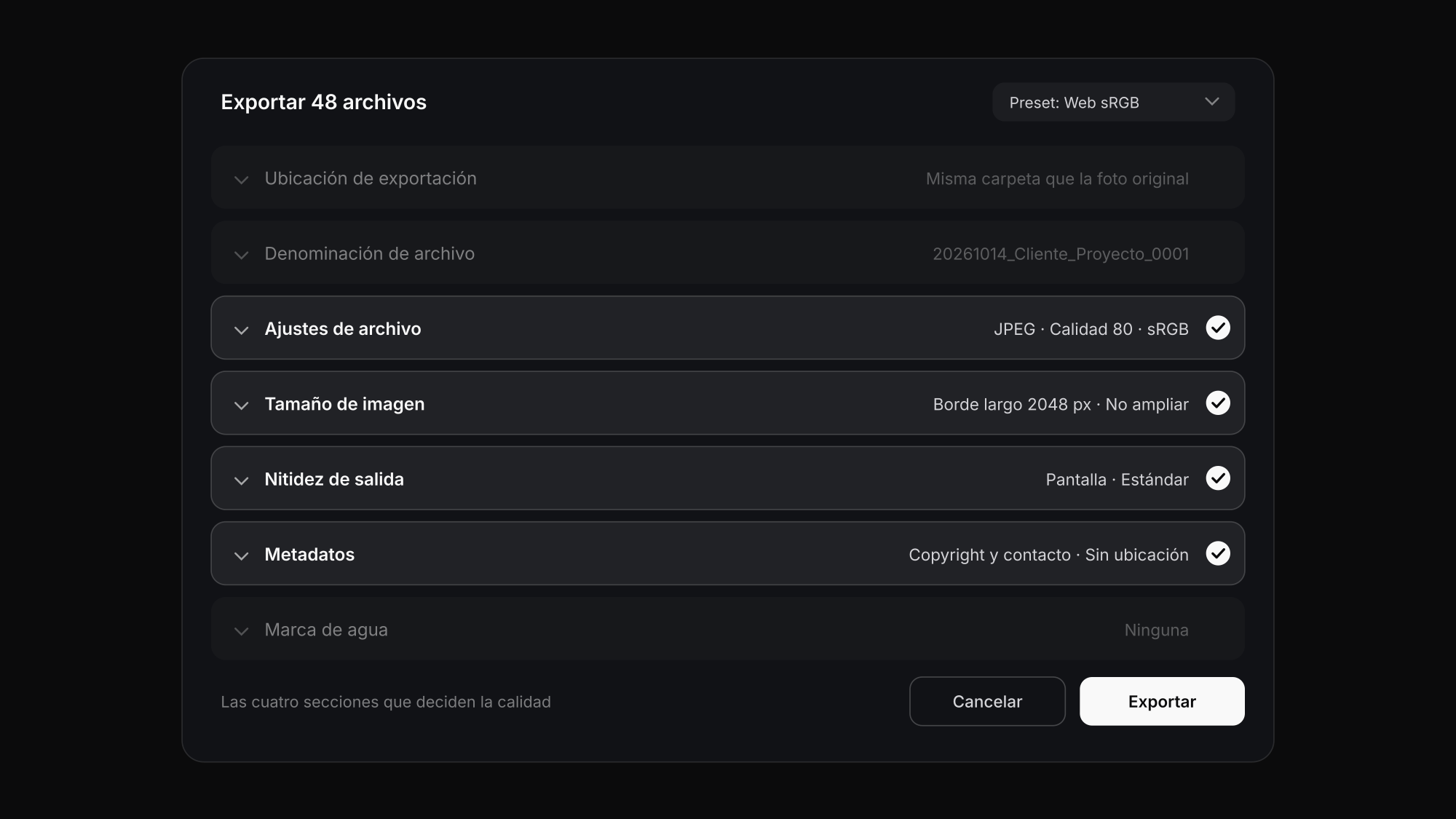 Ajustes de exportación de Lightroom: las secciones que deciden la calidad — ajustes de archivo, tamaño de imagen, nitidez de salida y metadatos