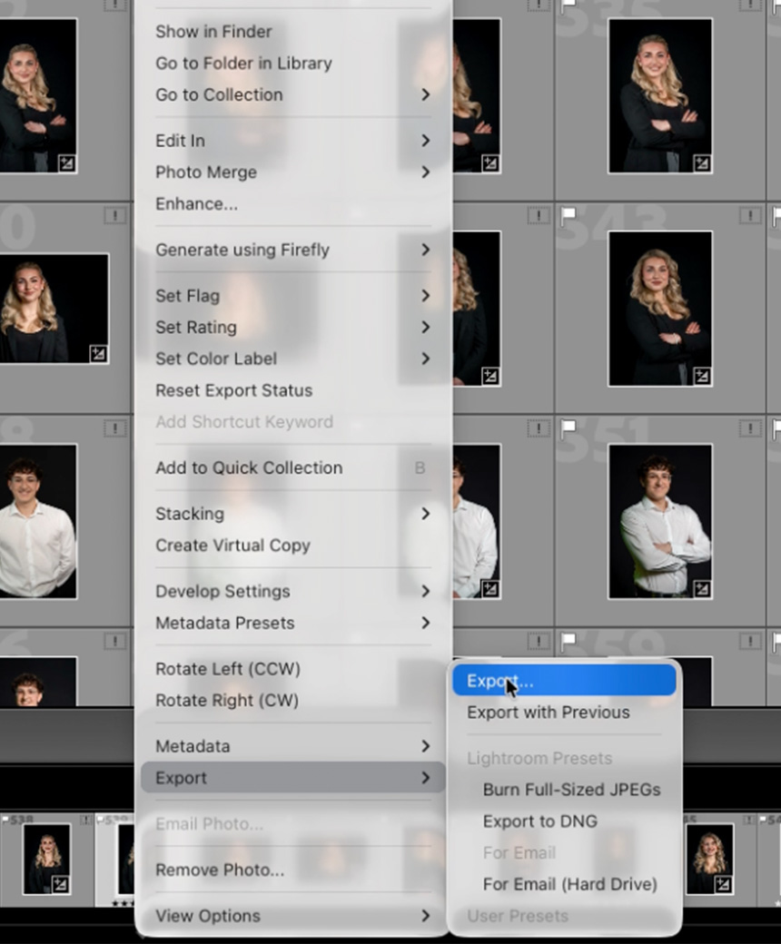 Select photos and click Export