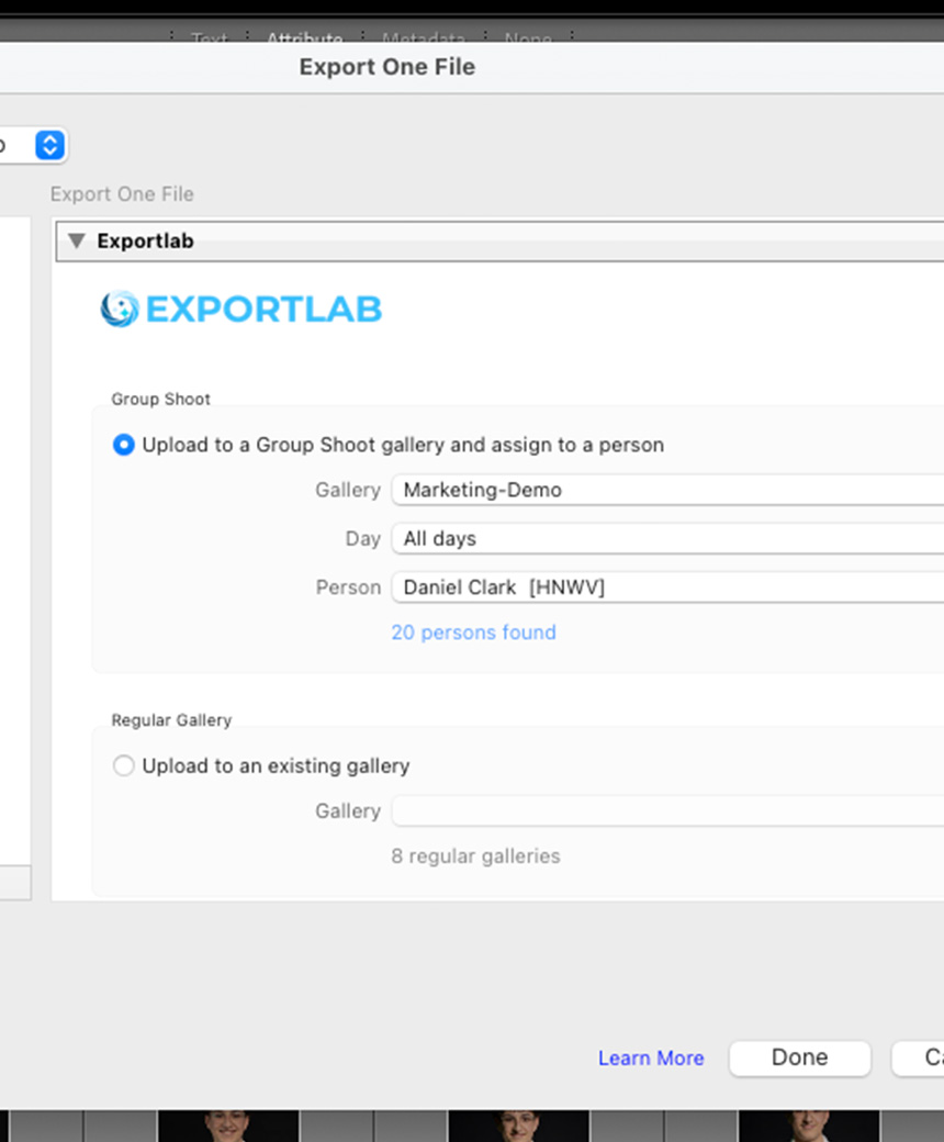 Choose target gallery in Exportlab