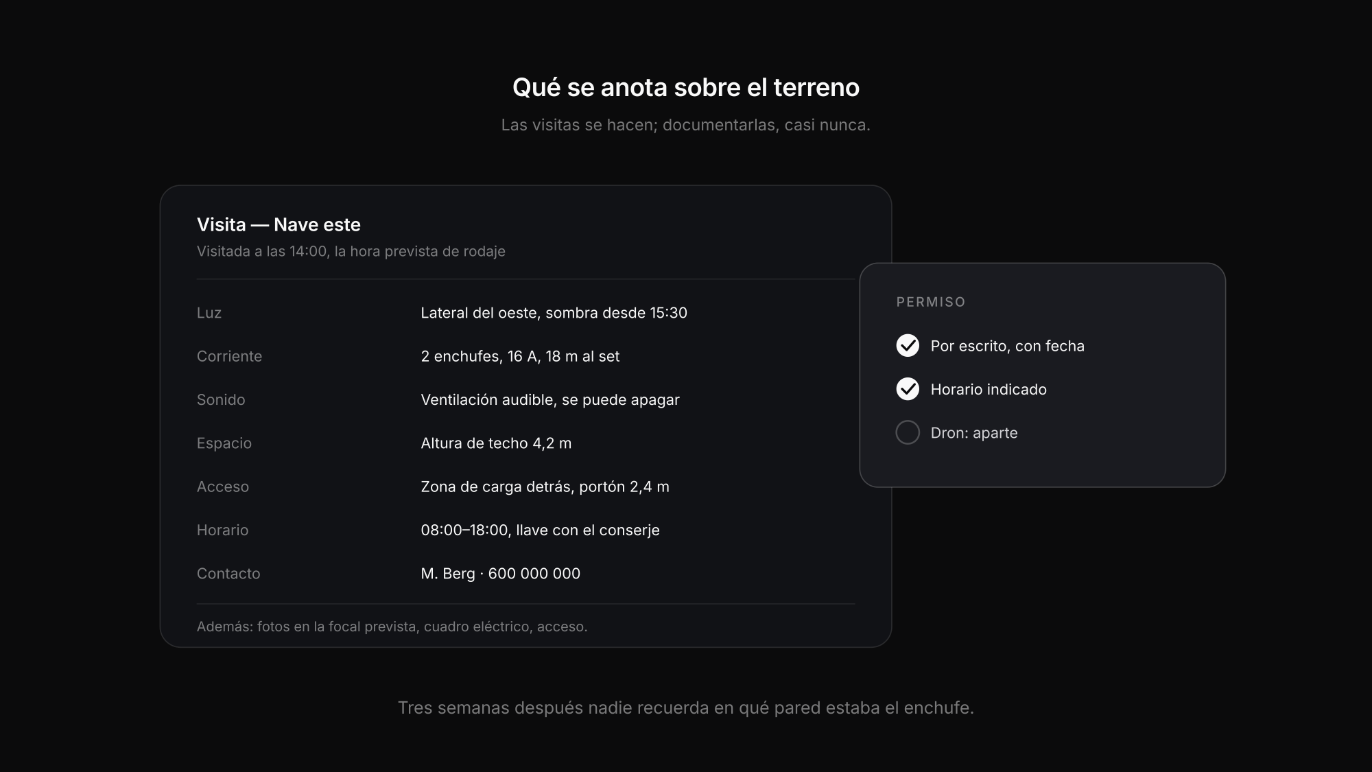 Ficha de localización con luz, corriente, sonido, acceso y estado del permiso