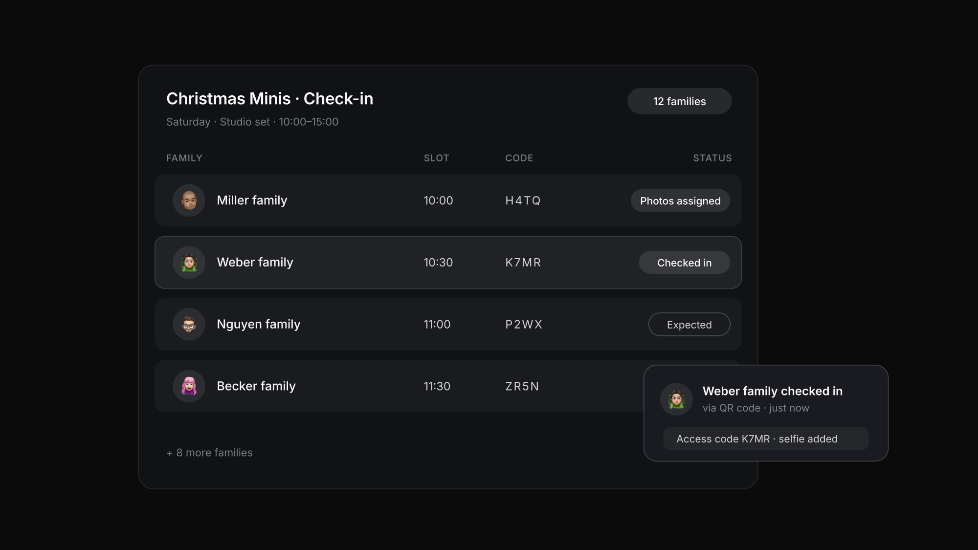 Check-in list on a mini session day with families, slot times and status