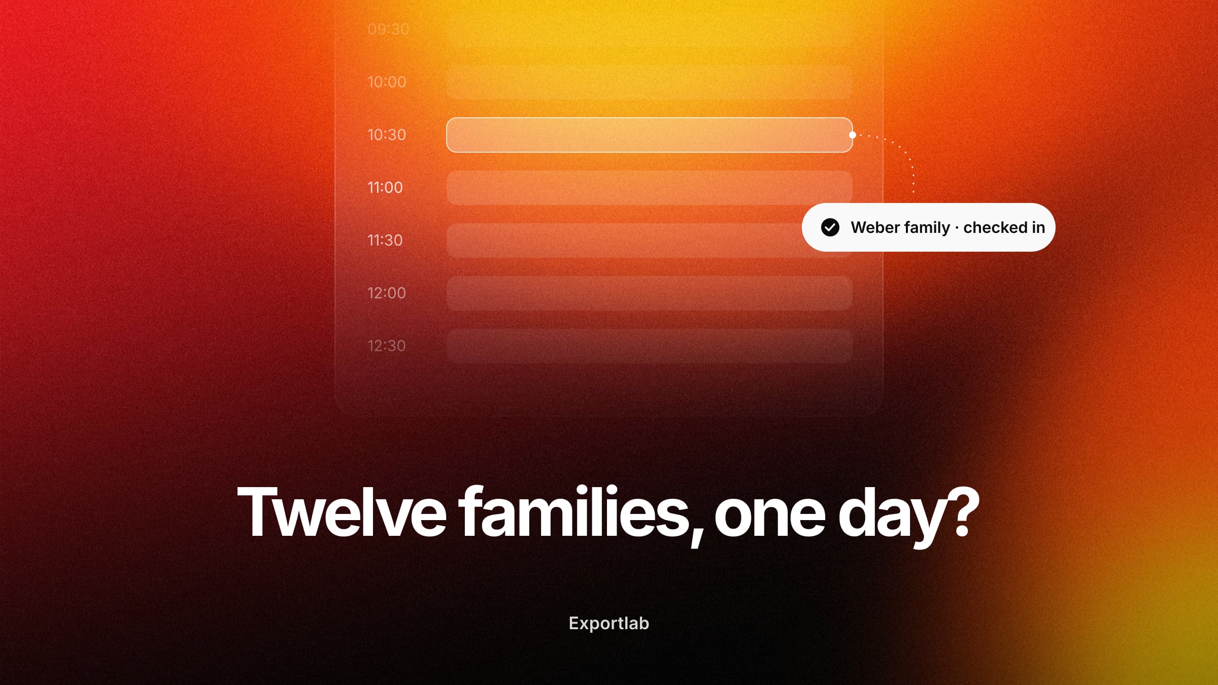 A day of mini session time slots with one family checked in, under the question how to fit twelve families into one day