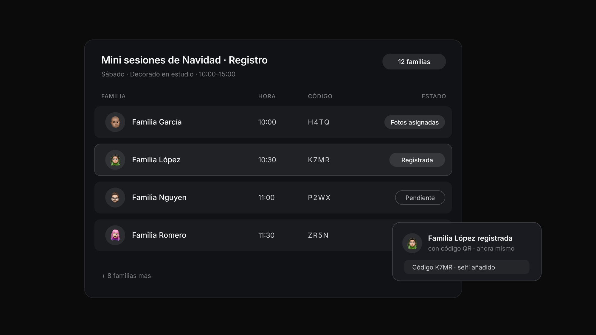 Lista de registro de un día de mini sesiones con familias, horarios y estado