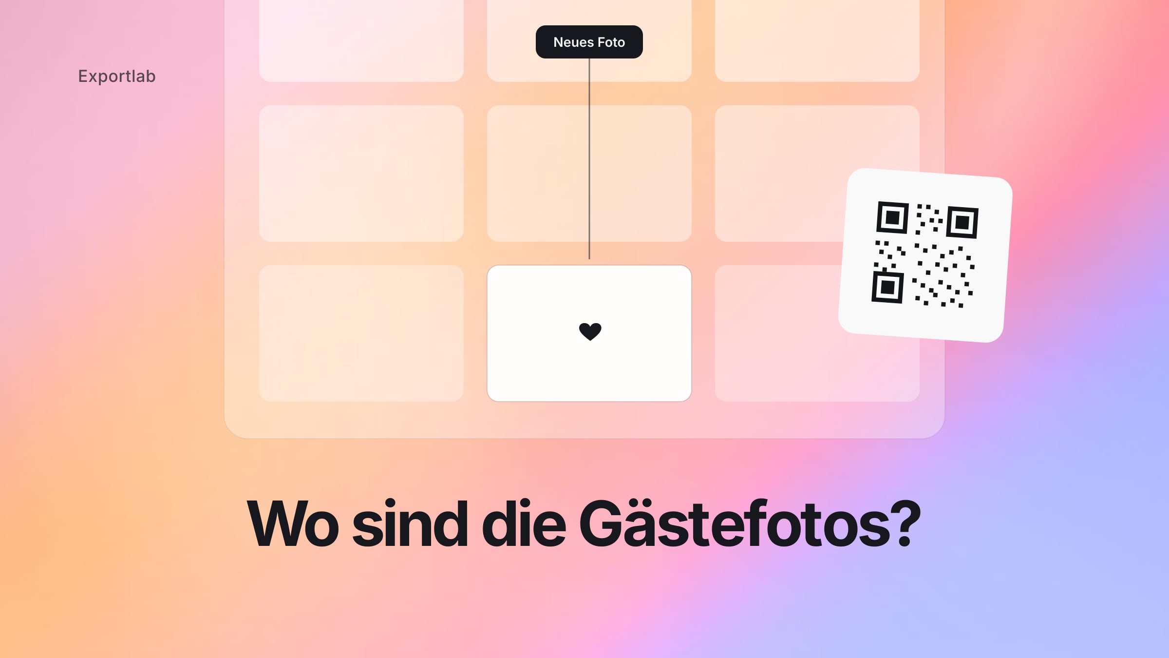 Wo sind die Gästefotos? – Galerie-Raster mit neu eingetroffenem Hochzeitsfoto und QR-Karte