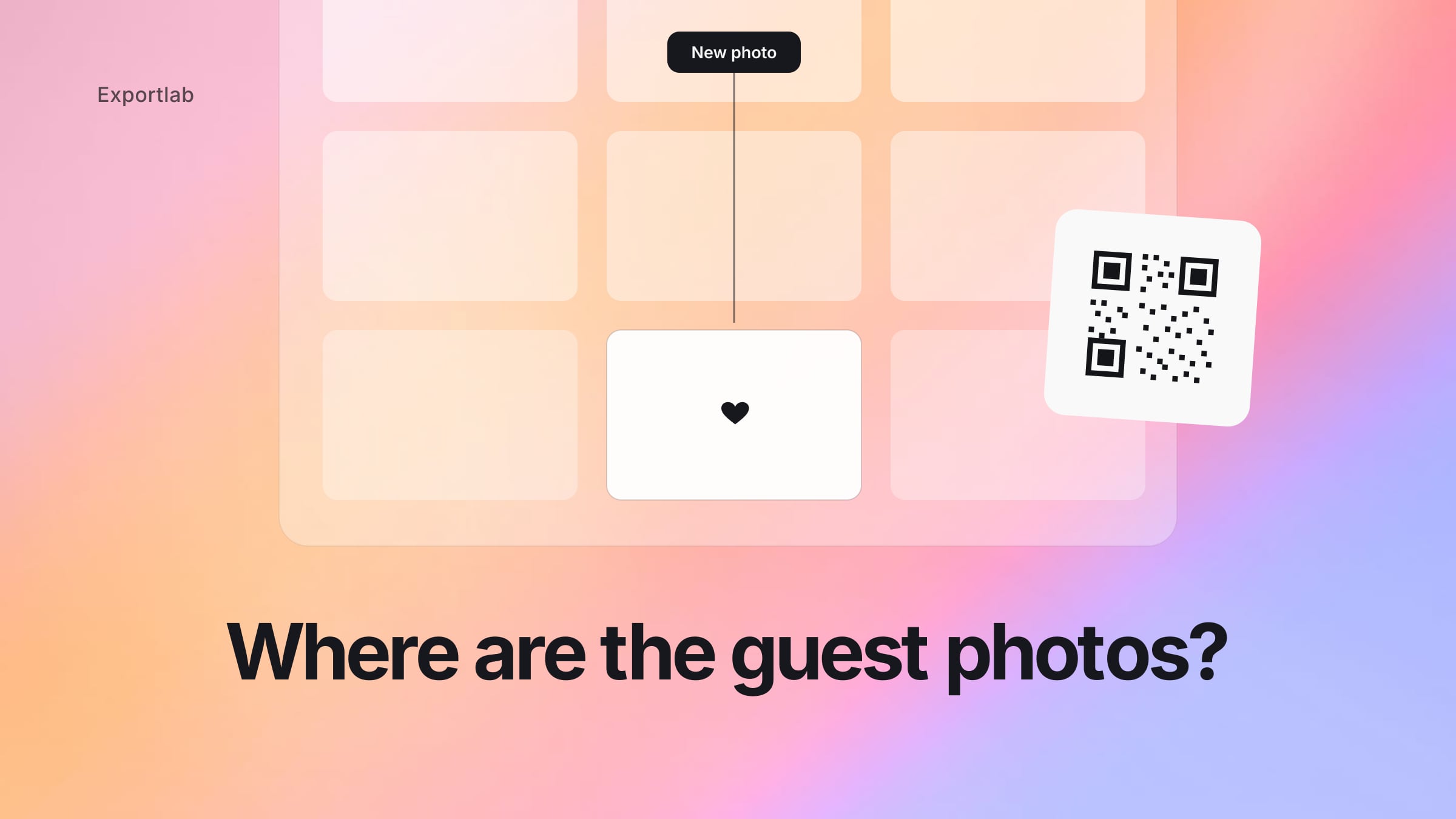 Where are the guest photos? – gallery grid with a newly arrived wedding photo and a QR card
