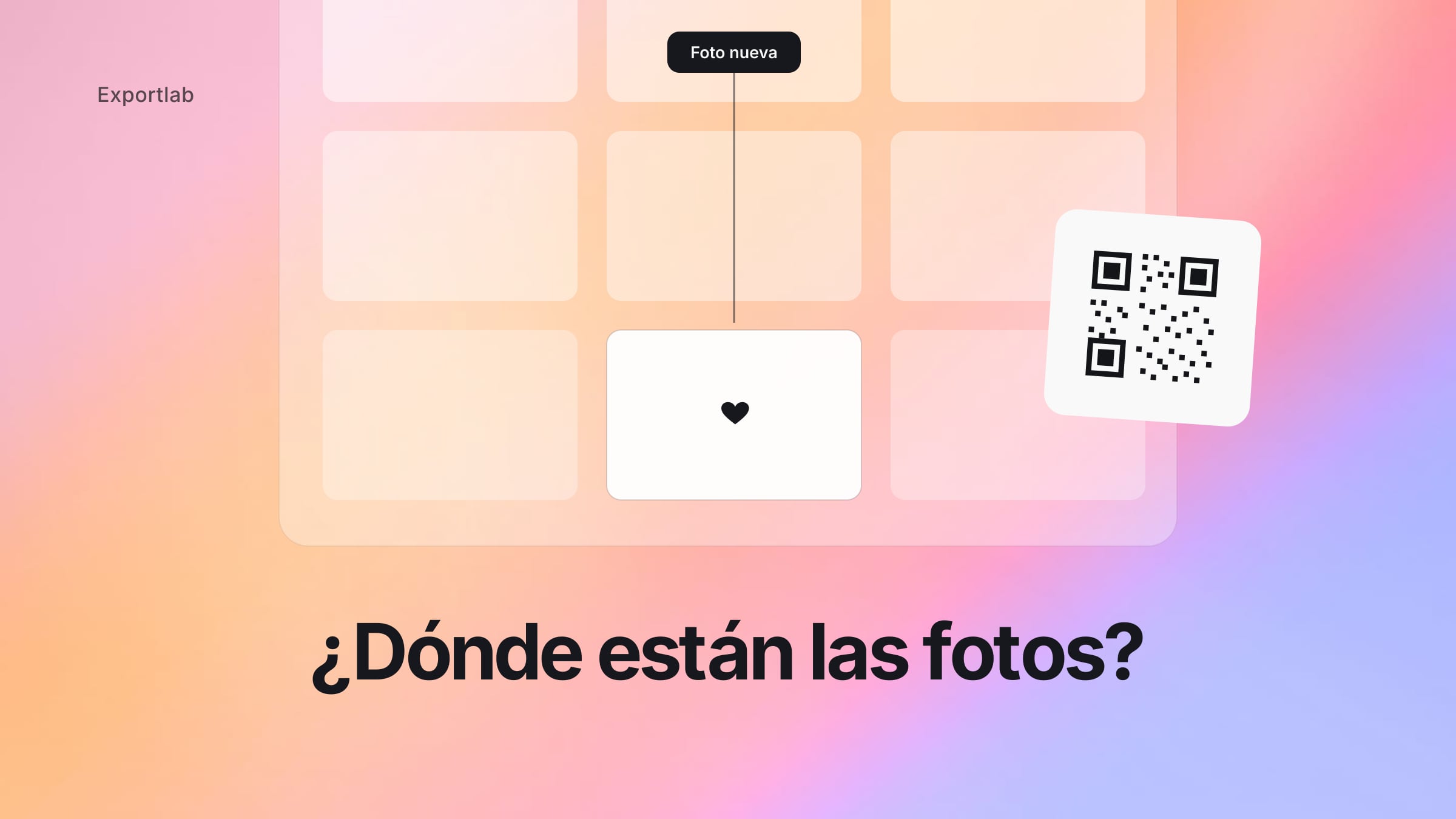 ¿Dónde están las fotos? – cuadrícula de galería con una foto de boda recién llegada y tarjeta QR