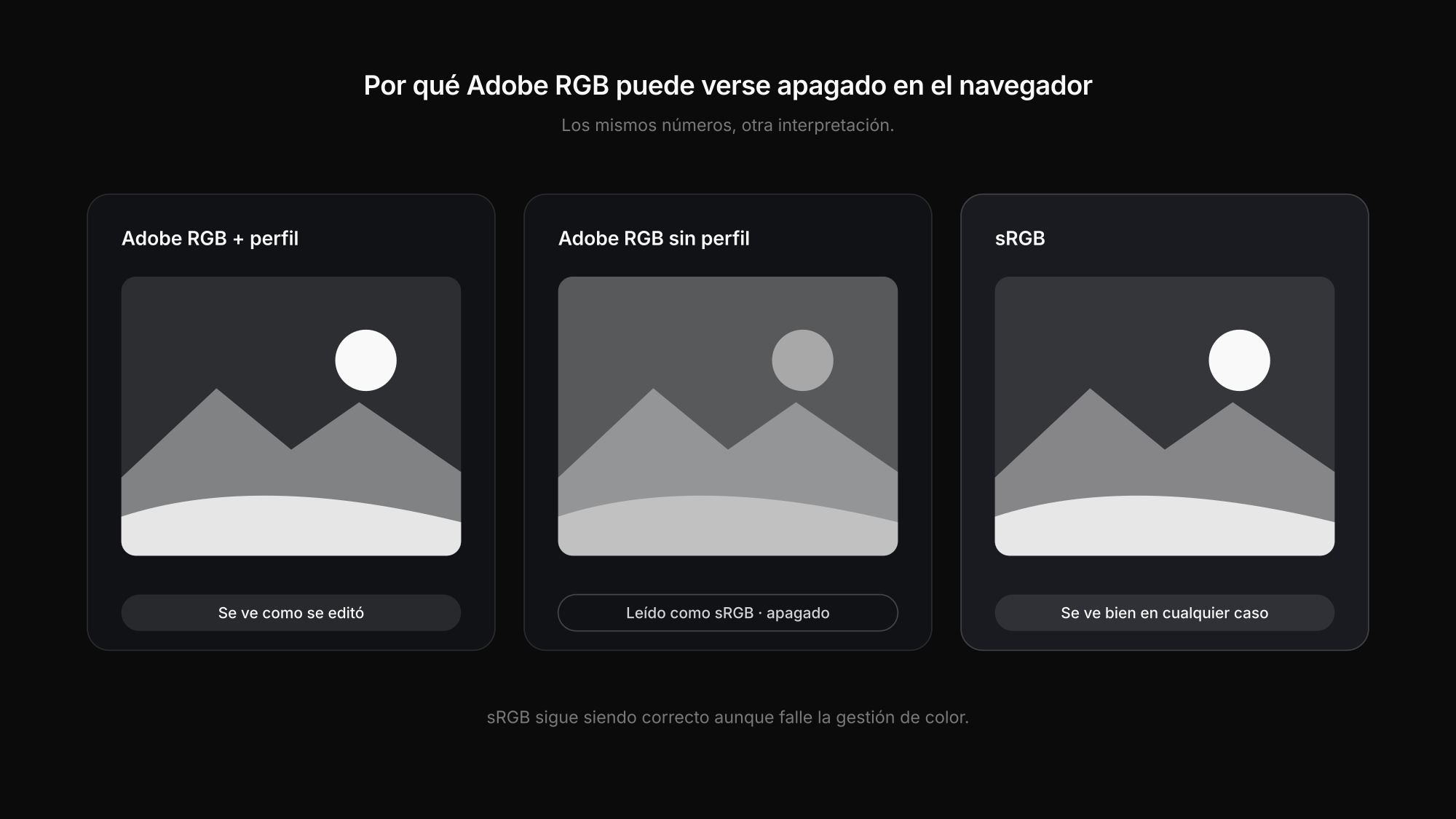 Por qué las imágenes en Adobe RGB se ven apagadas en el navegador cuando se elimina el perfil de color