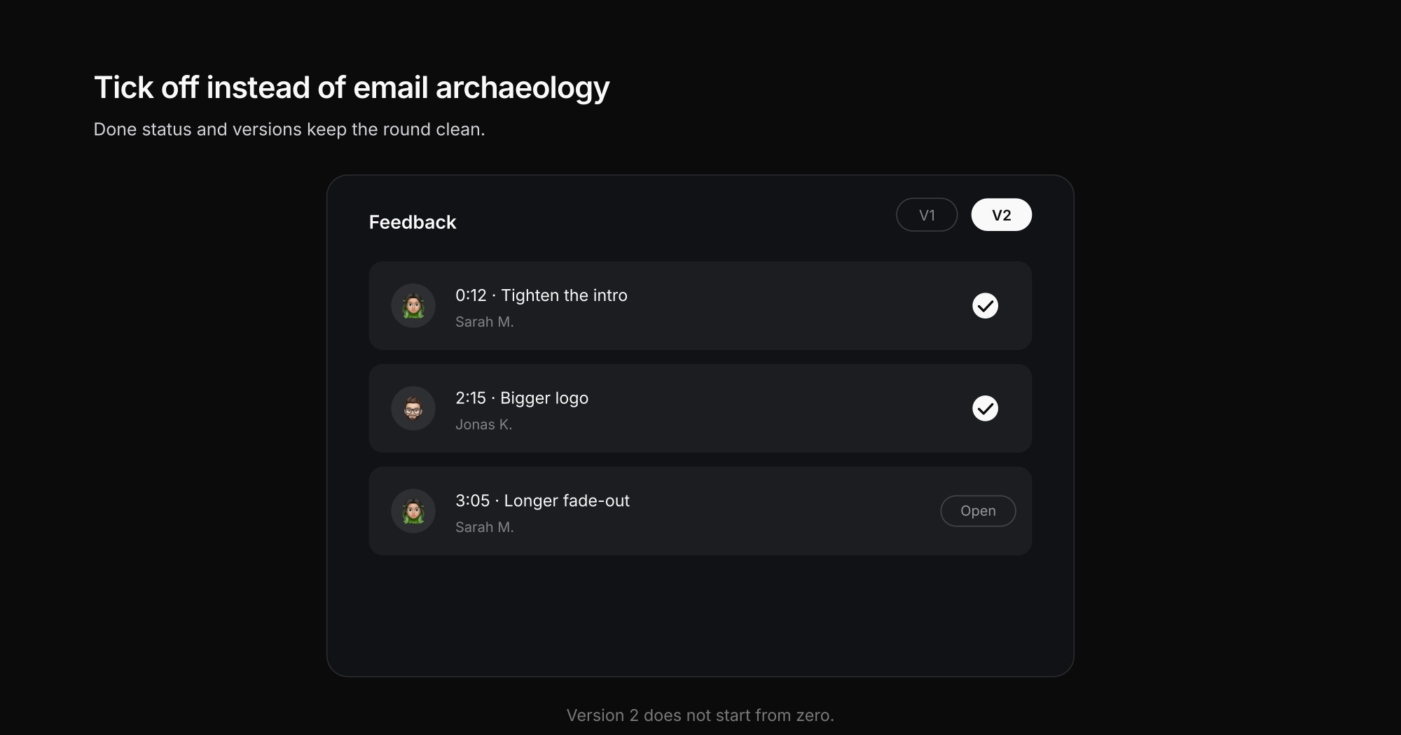 Comment thread with timestamp, done status, and versions in the video review