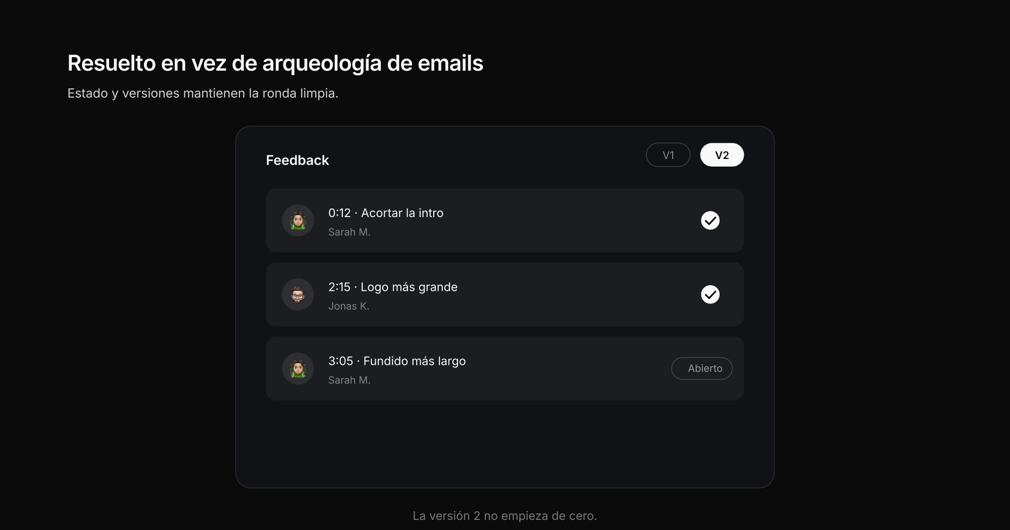 Hilo de comentarios con marca de tiempo, estado de resuelto y versiones en la revisión de vídeo