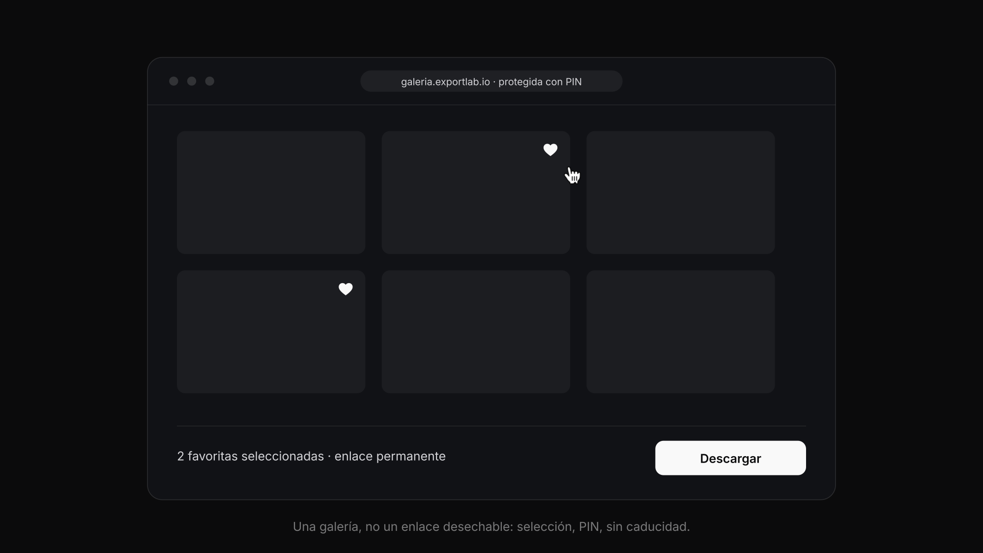 Galería de cliente como alternativa a WeTransfer: selección de favoritas, PIN y enlace permanente
