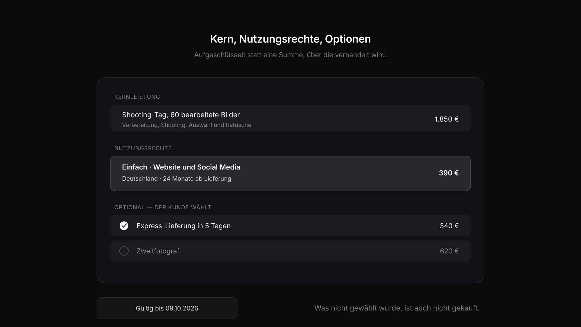 Aufbau eines Angebots mit Leistungsposten, Nutzungsrechten und optionalen Zusatzleistungen