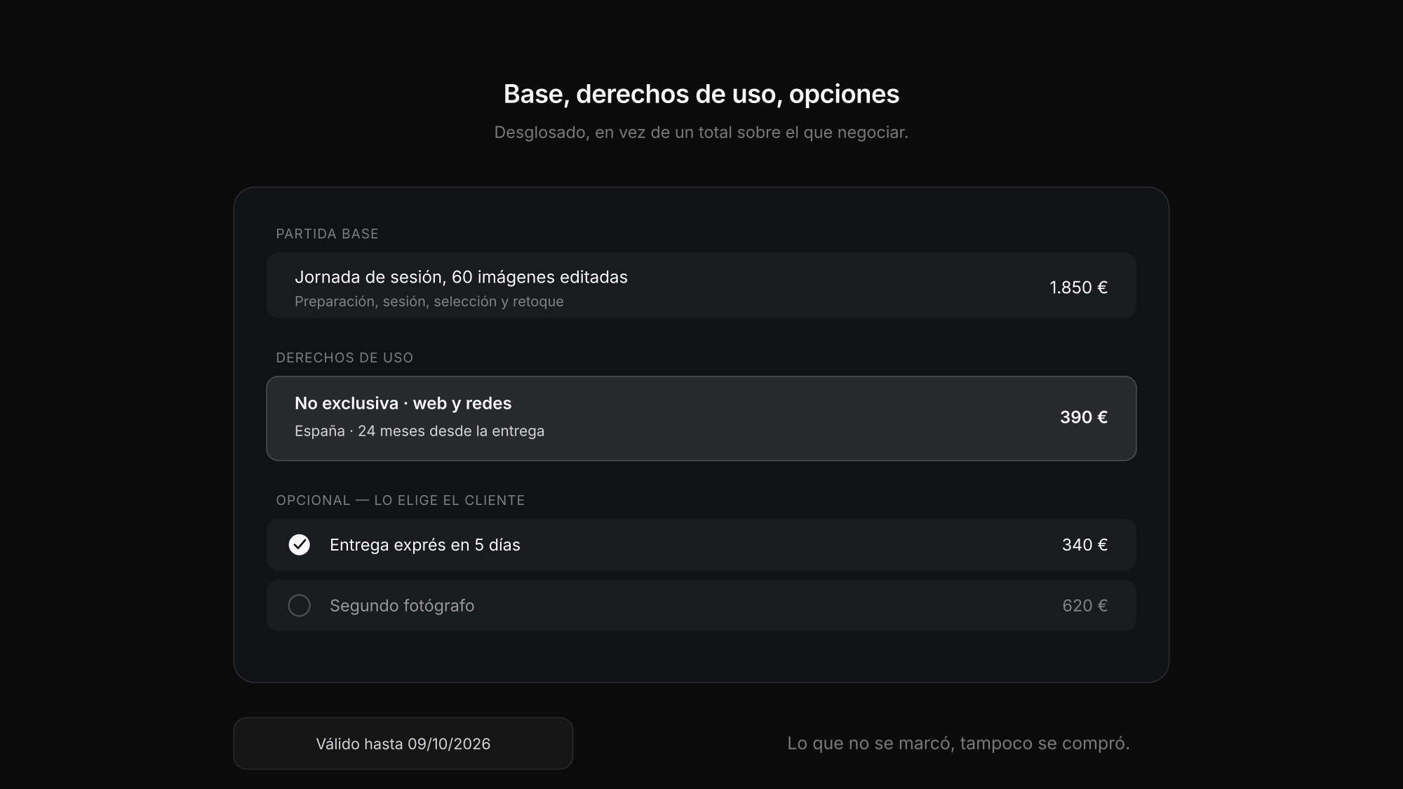 Estructura de un presupuesto fotográfico con partidas, derechos de uso y extras opcionales
