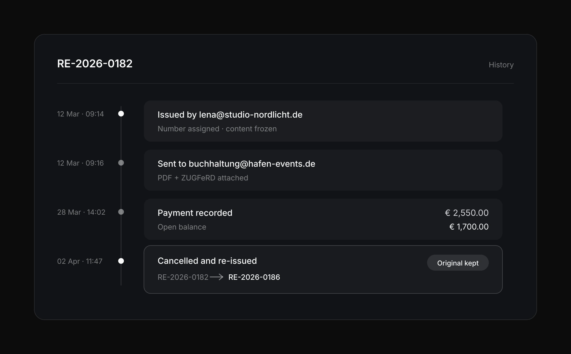 The history of an invoice in Exportlab: issued, sent, payment recorded, and finally cancelled and re-issued with the original kept